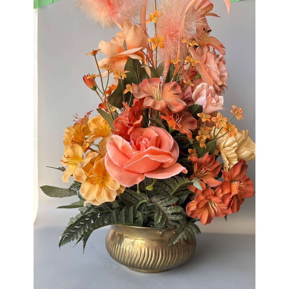 Vtg Silk Floral Arrangement Peach Feathers Roses Brass Bowl Made in India 15"
